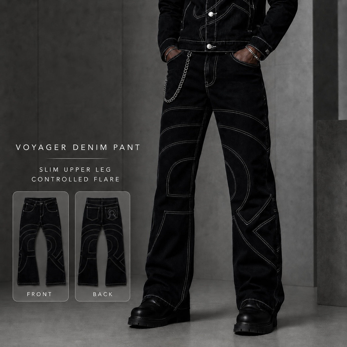 Model wearing the Midnight Voyager denim collection