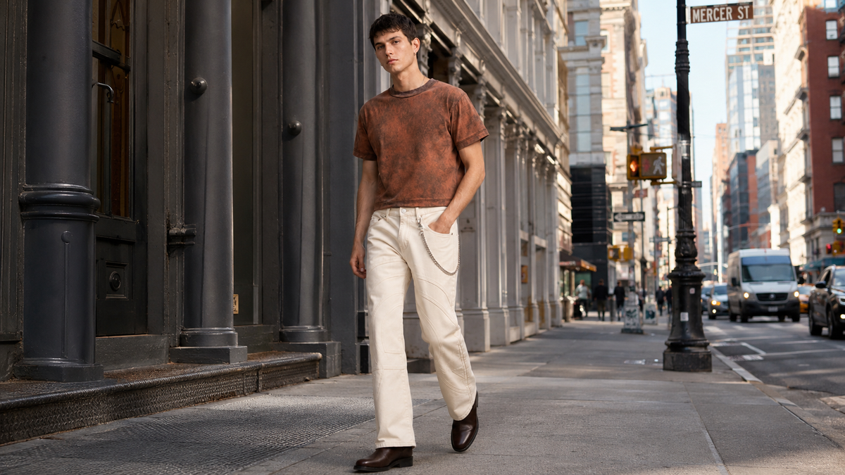 Model wearing the Limestone Voyager denim pant