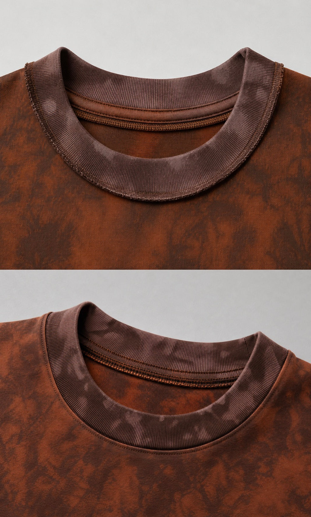 Close-up of the ribbed crew neckline and sunfaded finish on the reversible T-shirt.