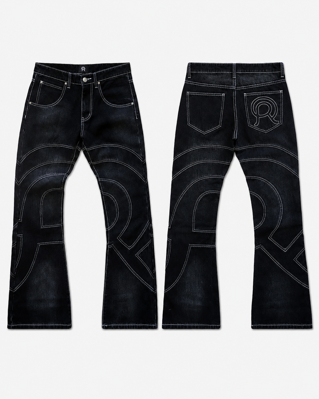Front and back views of black denim jeans featuring a curved light grey topstitching on Midnight denim