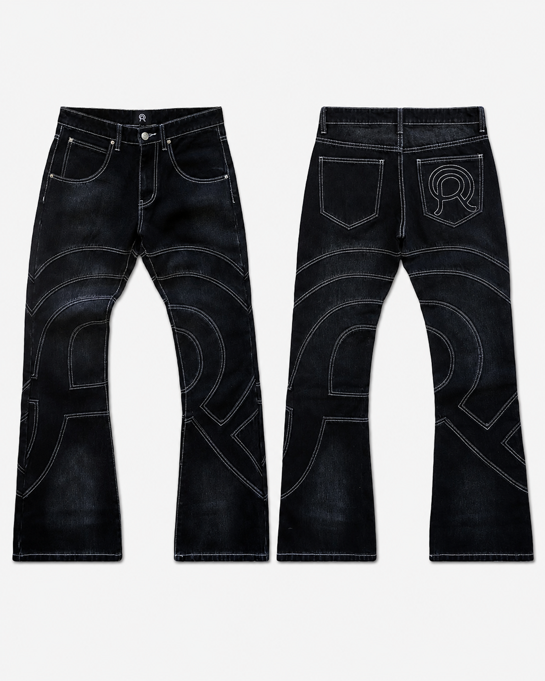 Front and back views of black denim jeans featuring a curved light grey topstitching on Midnight denim