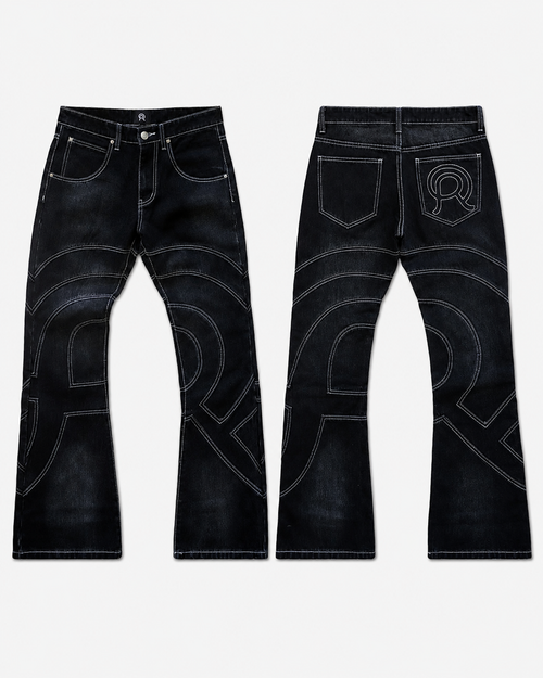 Front and back views of black denim jeans featuring a curved light grey topstitching on Midnight denim
