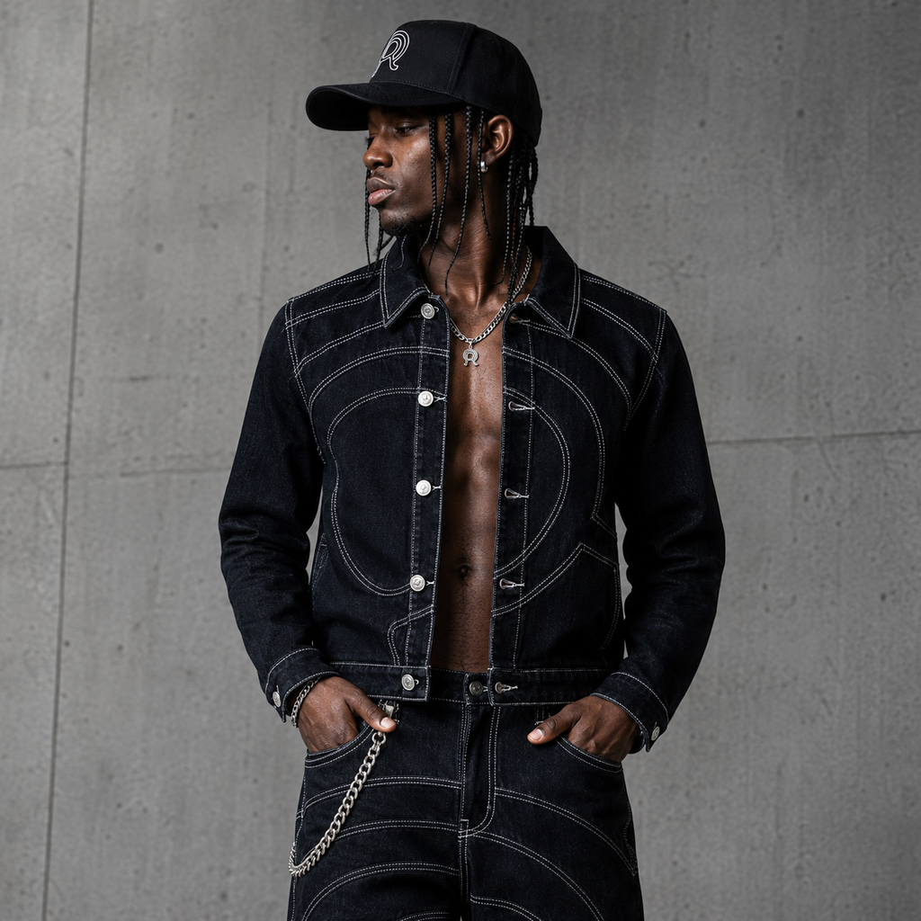 Midnight Voyager Denim Jacket worn open, revealing the interior construction and curved front panels.
