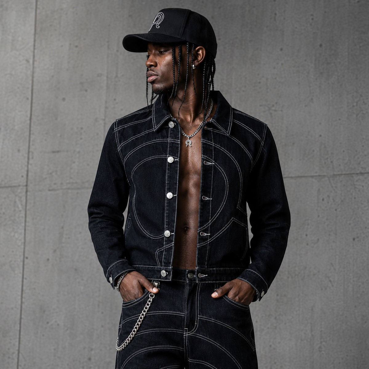 Midnight Voyager Denim Jacket worn open, revealing the interior construction and curved front panels.
