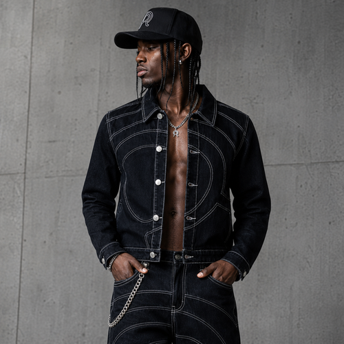 Midnight Voyager Denim Jacket worn open, revealing the interior construction and curved front panels.