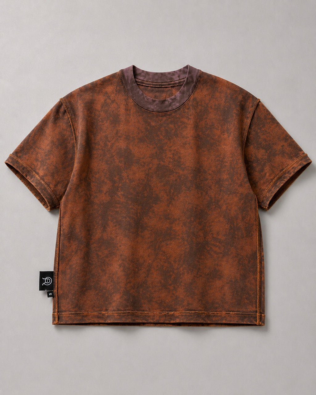 Sunfaded Reversible T-Shirt in brown, front view, showing the boxy cropped fit and ribbed crew neckline.
