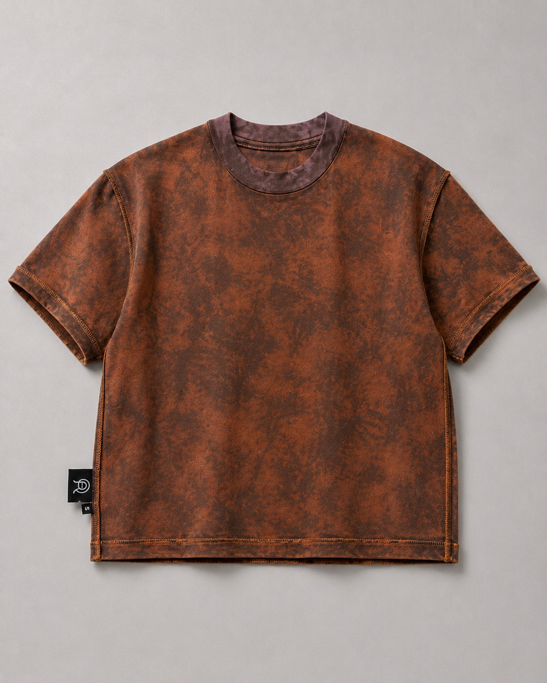Sunfaded Reversible T-Shirt in brown, front view, showing the boxy cropped fit and ribbed crew neckline.