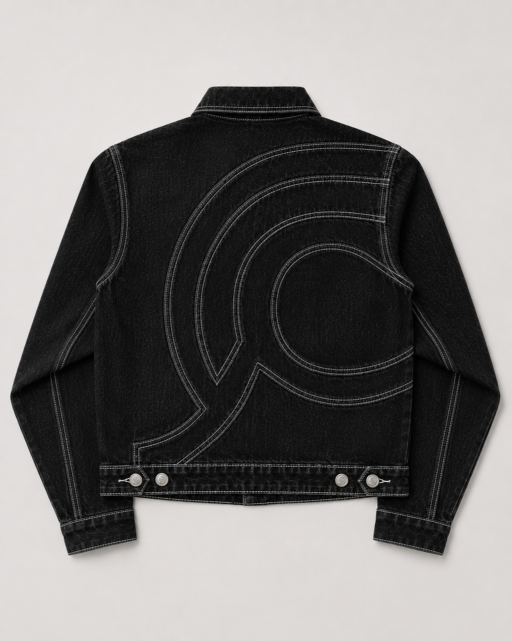 Midnight Voyager Denim Jacket, back view, showing the cropped silhouette and curved contrast topstitching.
