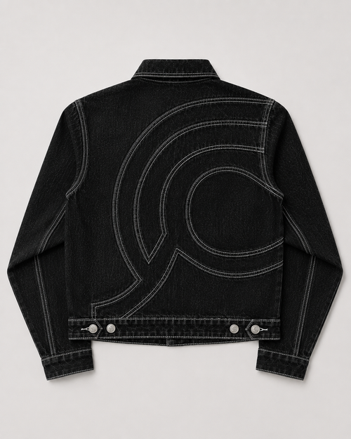 Midnight Voyager Denim Jacket, back view, showing the cropped silhouette and curved contrast topstitching.