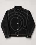 Midnight Voyager Denim Jacket, front view, with curved light grey double-needle topstitching and gunmetal R-logo buttons.