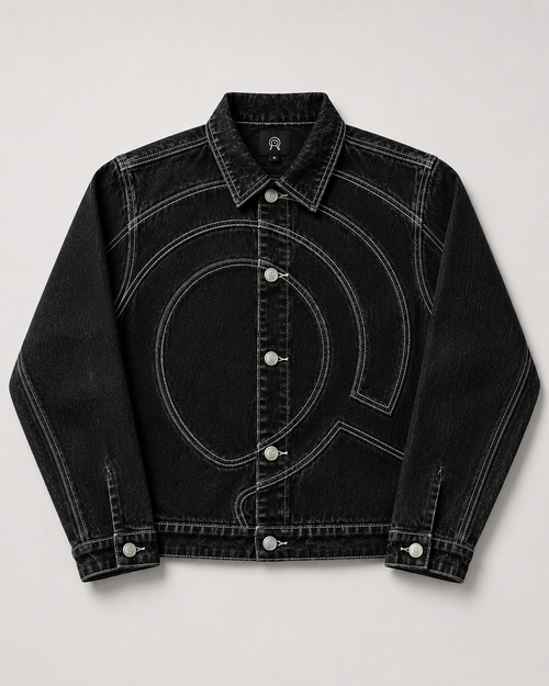 Midnight Voyager Denim Jacket, front view, with curved light grey double-needle topstitching and gunmetal R-logo buttons.
