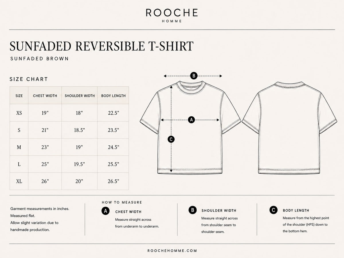 Sunfaded Reversible T-Shirt size guide with front and back technical line drawings and garment measurements