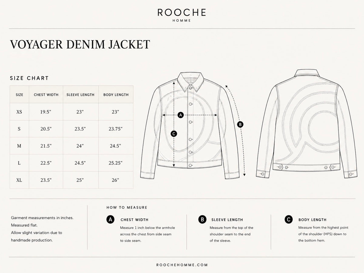 Voyager Denim Jacket size guide with front and back technical line drawings and chest, sleeve, and body length measurements