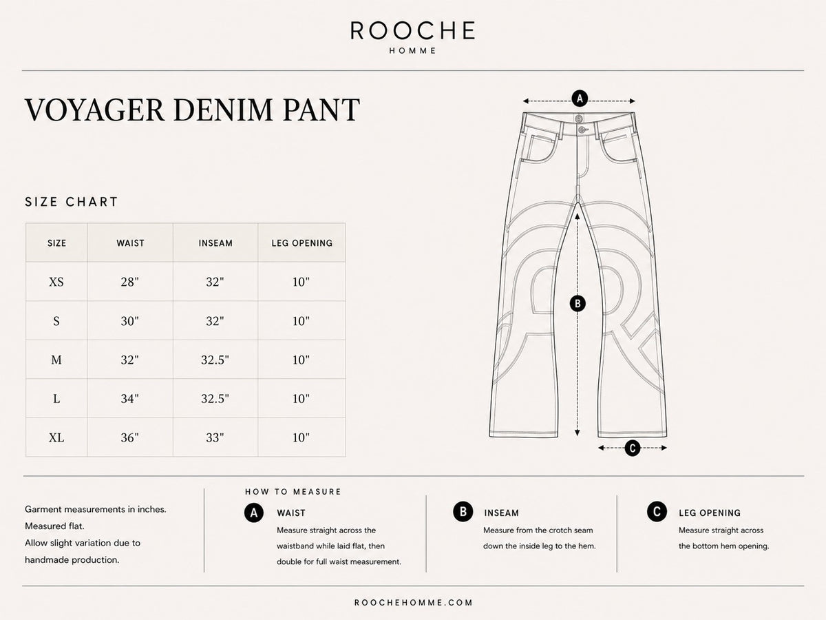 Voyager Denim Pant size guide with front and back technical line drawings and waist, inseam, and leg opening measurements