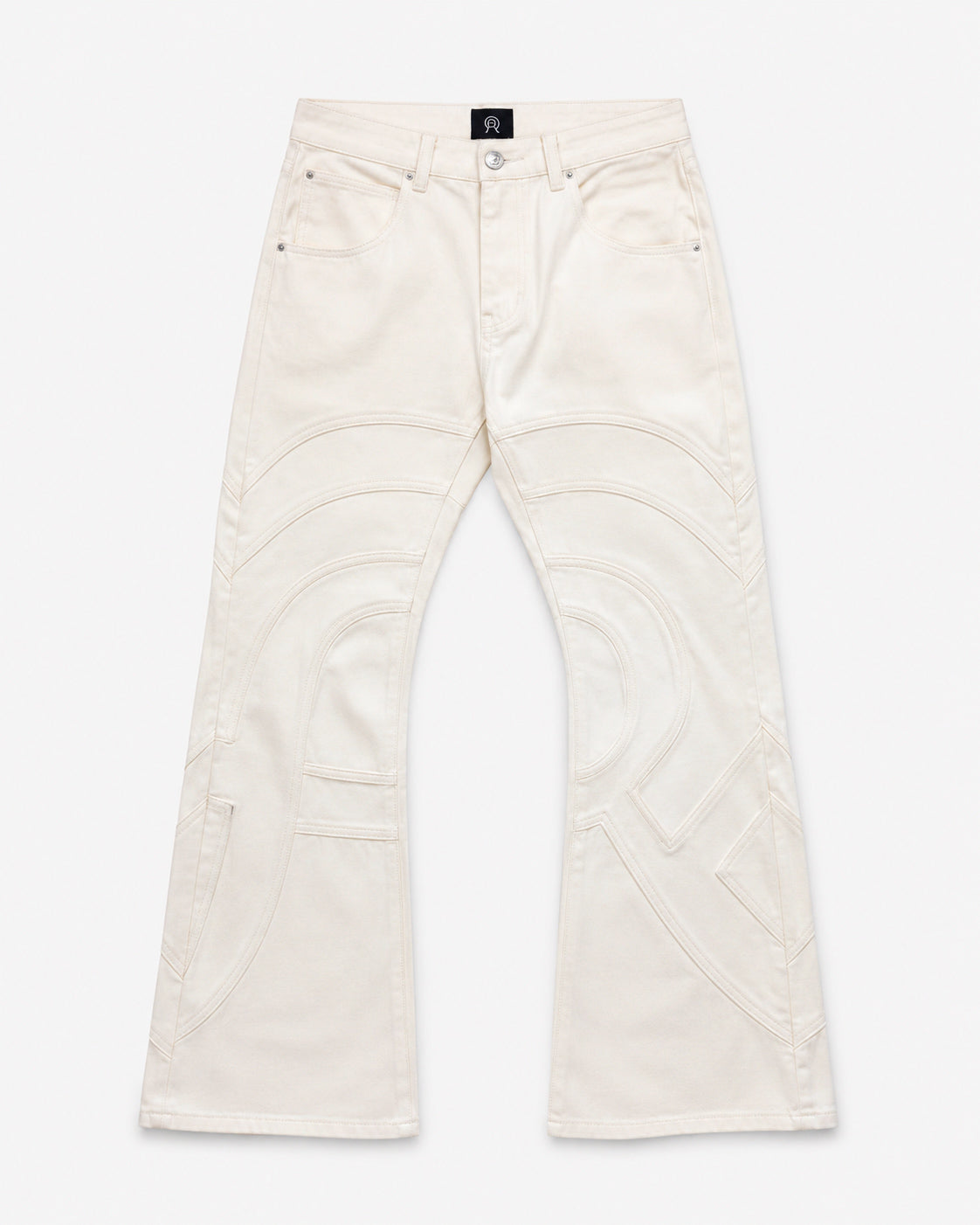 Voyager Denim Pant in Limestone, front view, showing the slim flared silhouette and curved contrast topstitching.