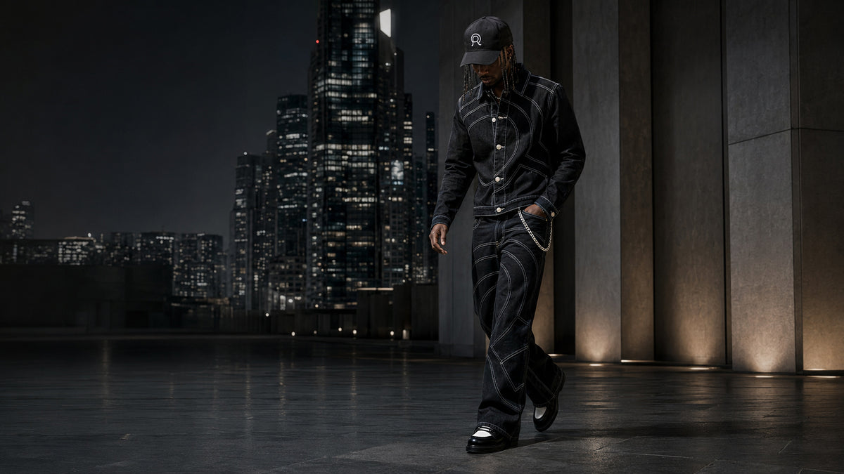 Model wearing the Midnight Voyager denim set